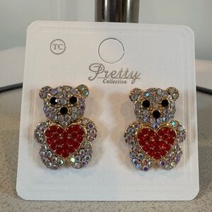 Pretty Collection Bear Earrings with Red Heart